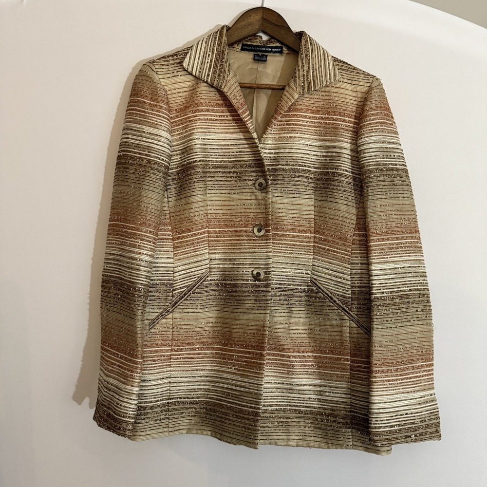 Linda Allard Ellen Tracy Womens Blazer Size 6 Gold Metallic Striped Jacket
